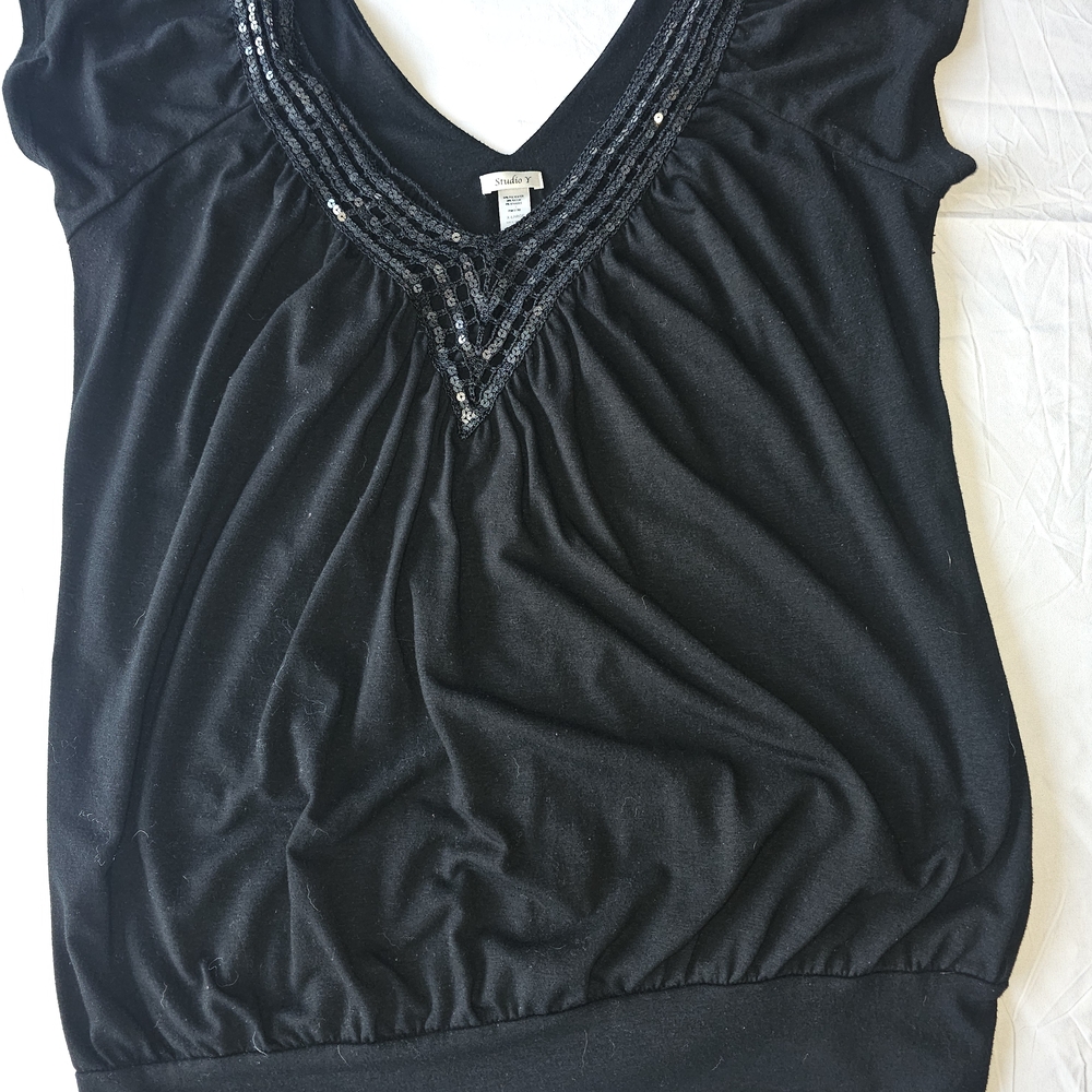 Studio Y Black V-Neck Blouse with Beaded Detail